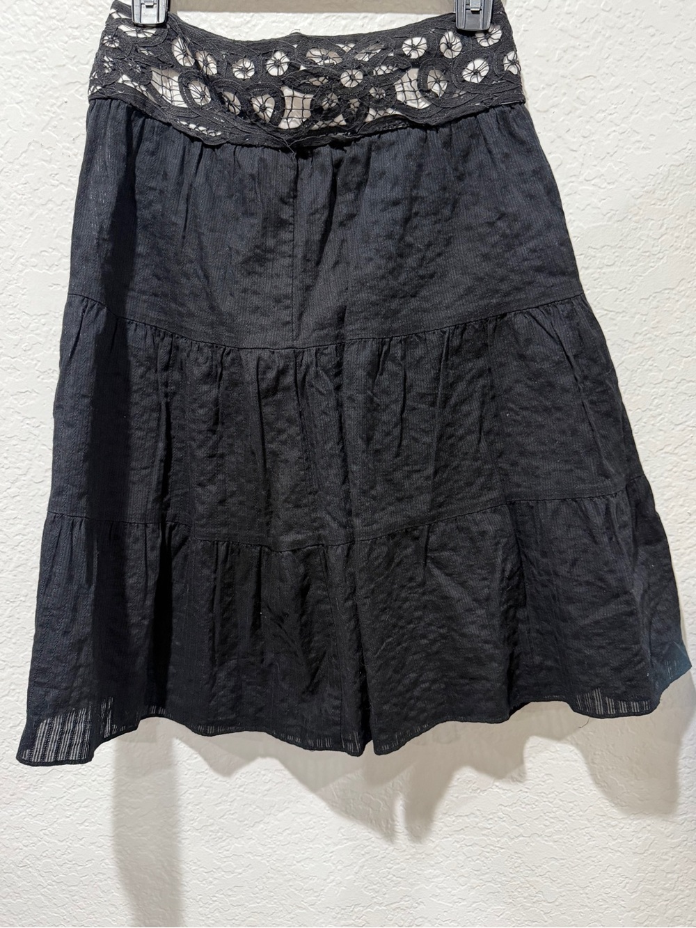 Liquid Black Tiered Skirt with Crochet Waistband